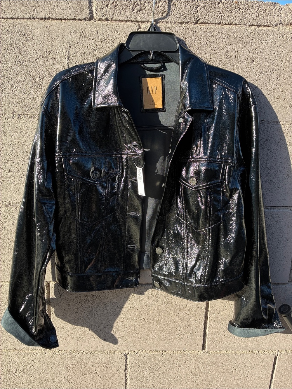 GAP Women's Shiny Black Patent Jean Trucker Jacket